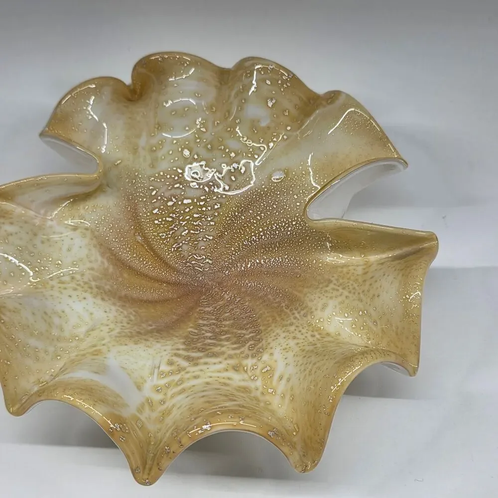 Vintage Murano Gold Aventurine Art Glass Ruffled Bowl Italy